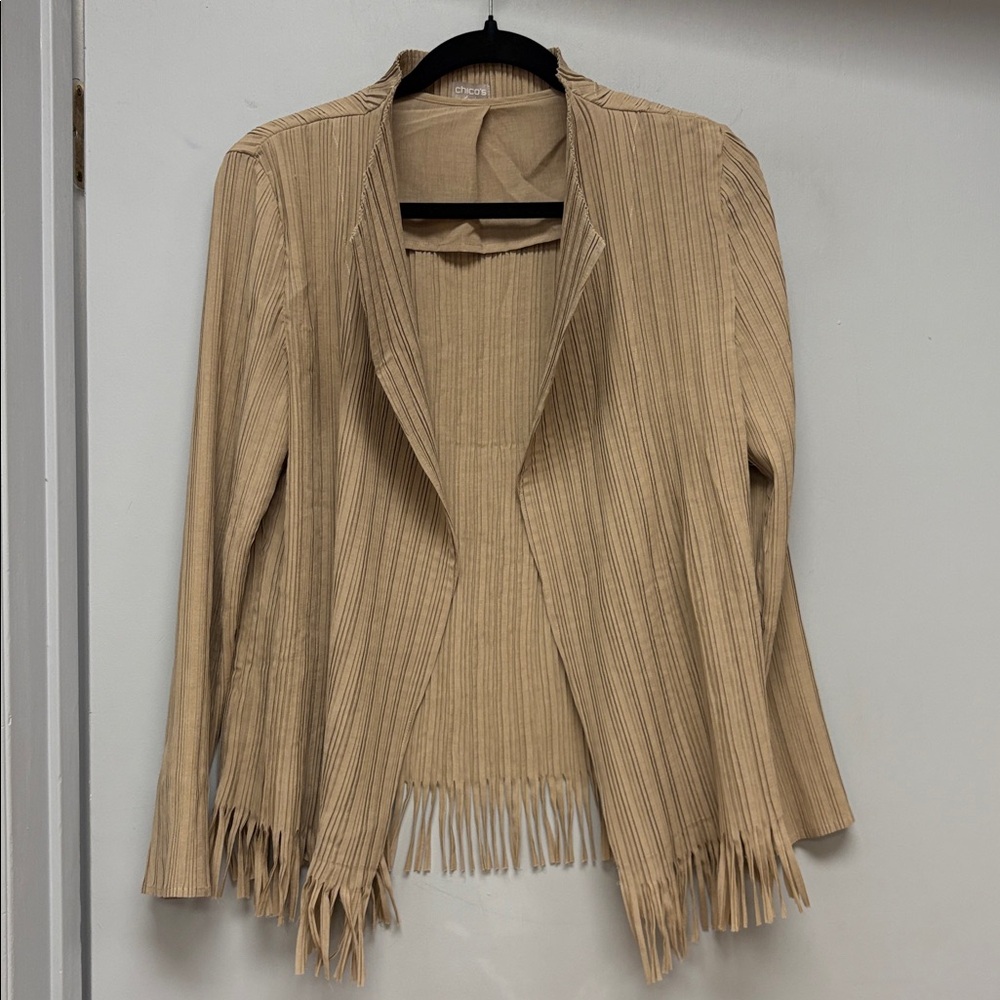 Chico’s Travelers Pleated Fringe Open Jacket – Size 1 (US 8/10) – Neutral Taupe